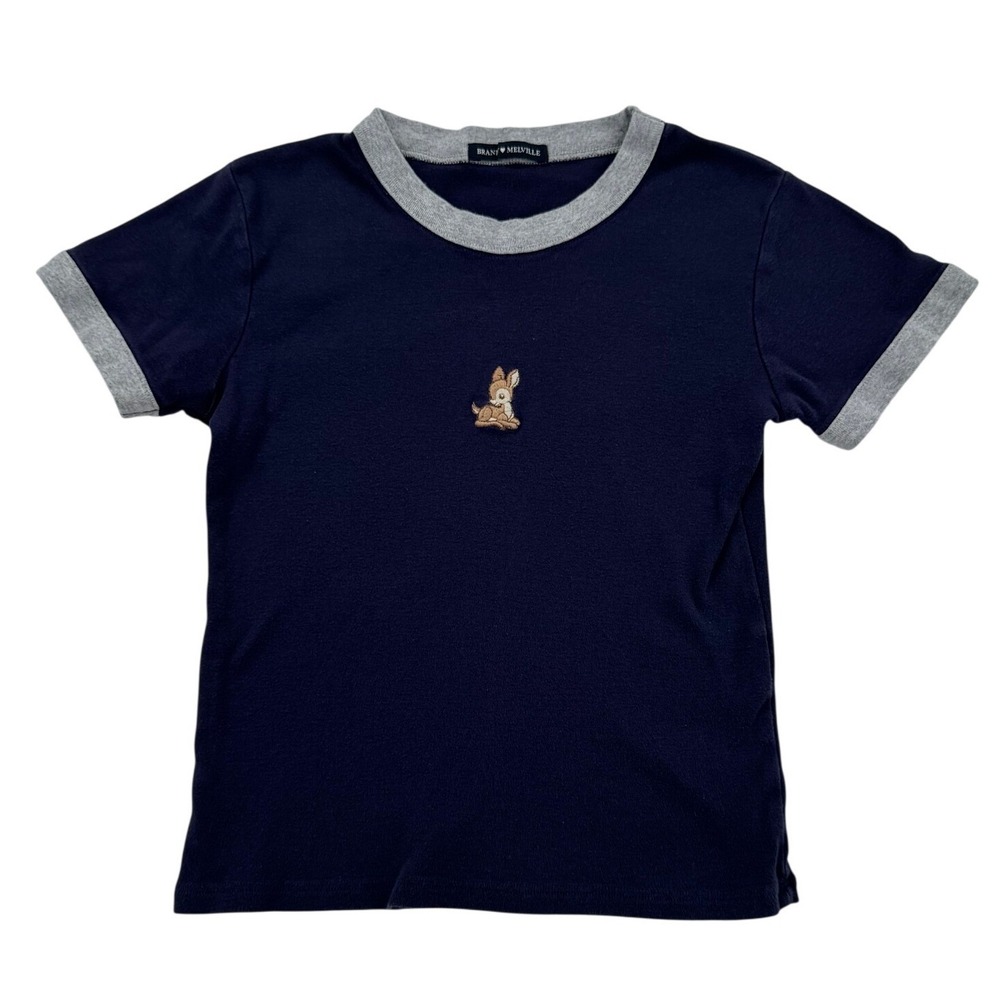 Brandy Melville Ringer Tee Women OS Navy Blue Deer Embroidered